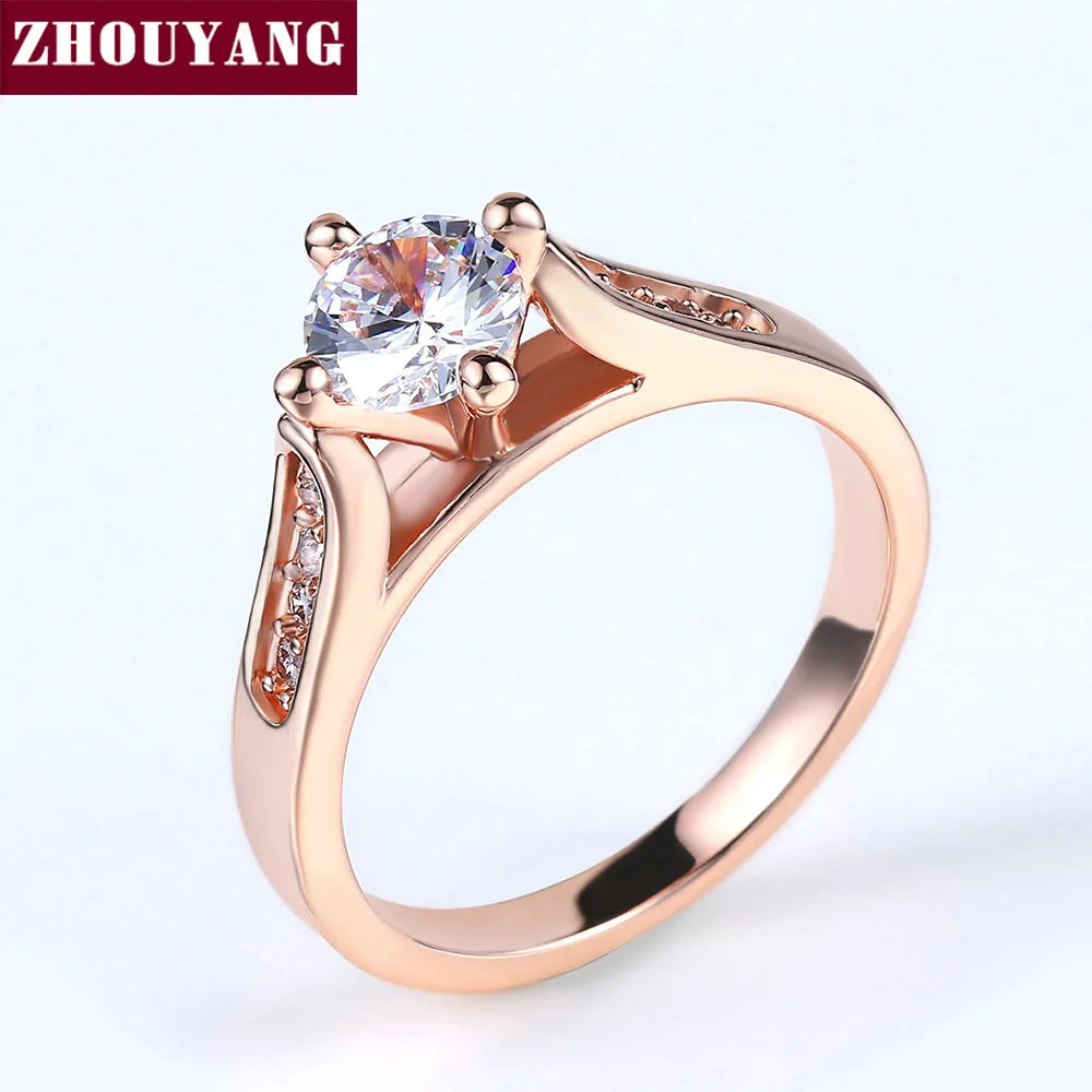 ZHOUYANG Engagement Wedding Ring For Women Classic Prong Setting CZ  Rose Gold Color Fashion Jewelry Lover's Ring R064 R065 Desers