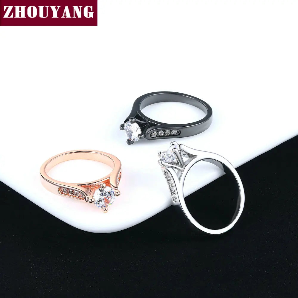 ZHOUYANG Engagement Wedding Ring For Women Classic Prong Setting CZ  Rose Gold Color Fashion Jewelry Lover's Ring R064 R065 Desers