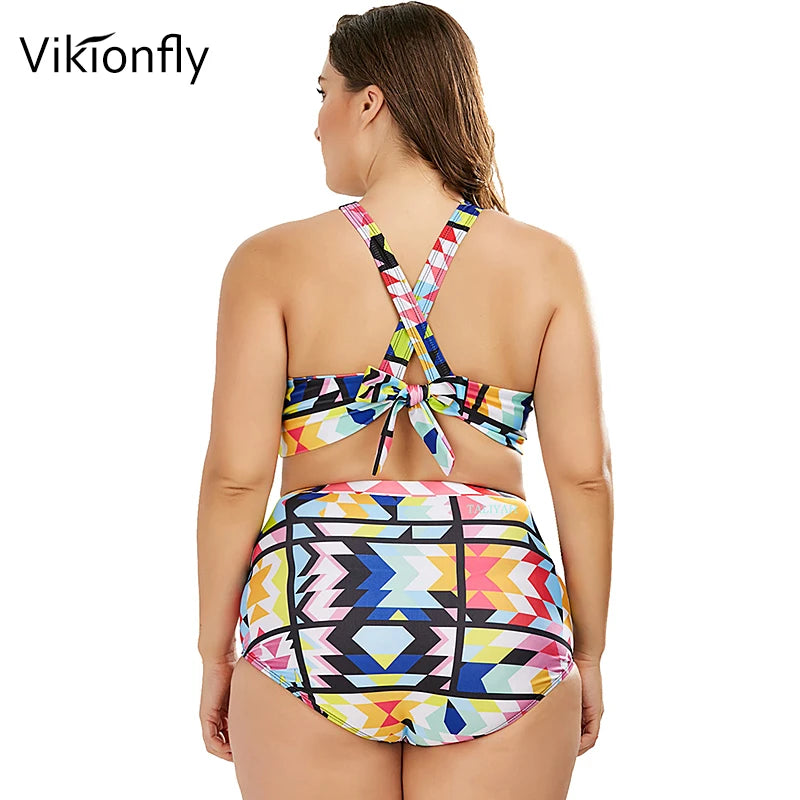 Plus Size Swimwear Bikini Women Colorful Strips High Waist Swimsuit Large Size Bathing Suit For Big Breast 4XL San Remo