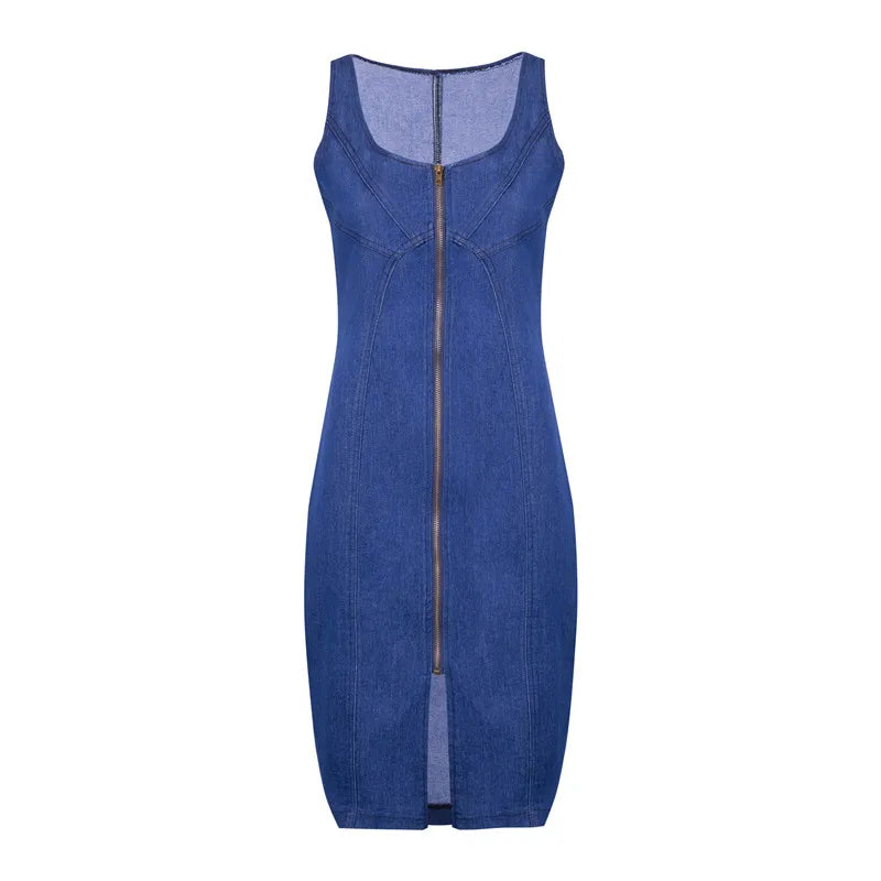 Women's Summer Sleeveless Denim Dress Slim Zipper Jeans Dress Fashion Casual Office Lady Clothing M-2XL  New Arrival San Remo