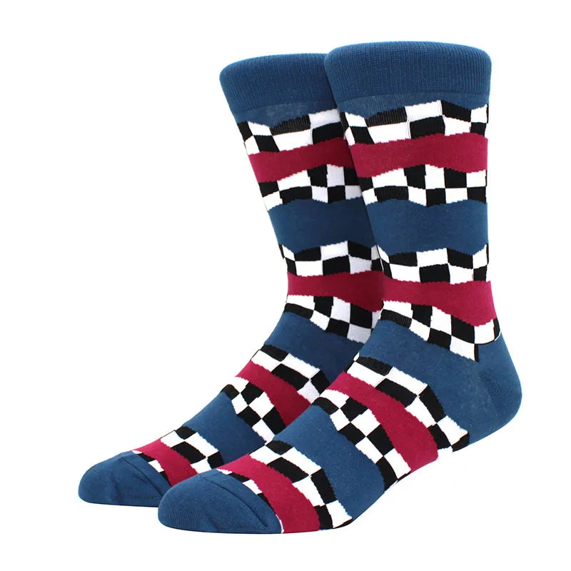 Men Socks  Colorful Cotton Geometric Lattice stripe Classic Happy Business Casual Socks Men