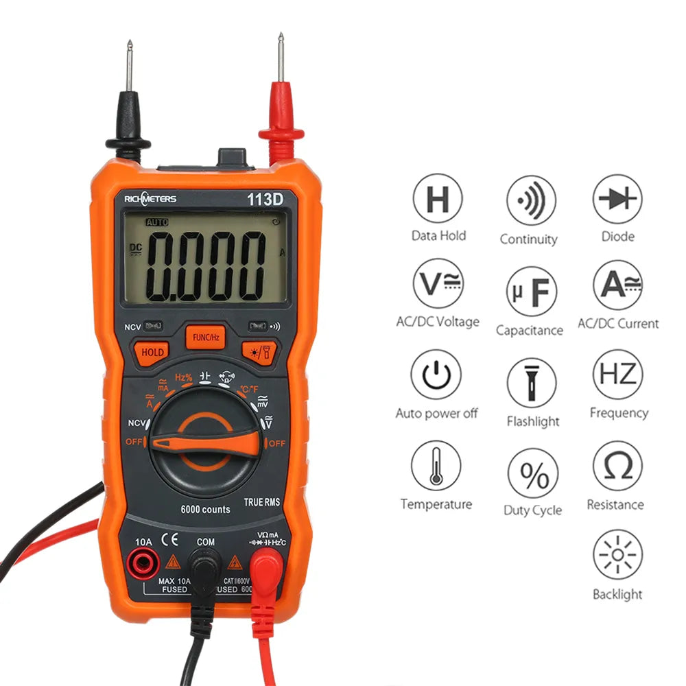 RICHMETERS RM113D Digital Multimeter 6000 Counts NCV Voltage Temperature Measuring Meter with Magnetic Suction Flash Light San Remo