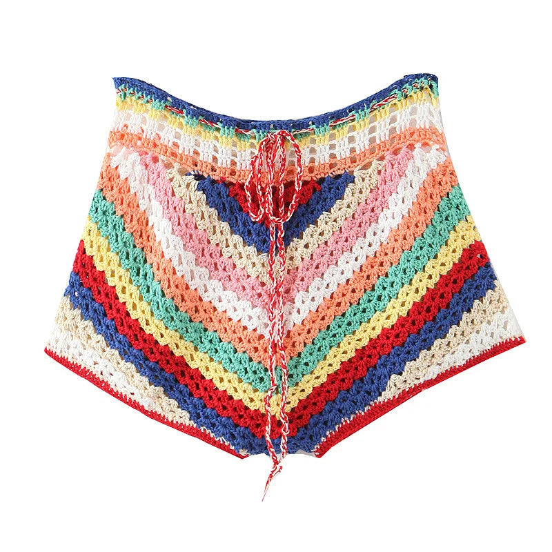 Lacing up Colored Striped Hand crochet Cardigan Sweater Women Bandage Mini Short Shorts Half Sleeve Tops 2 Pieces Set San Remo Shops