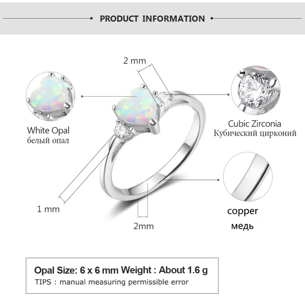 Classic Eternal Heart Rings Silver Color Blue Pink White Opal Women's Ring Engagement Finger Ring Fashion Jewelry for Women San Remo