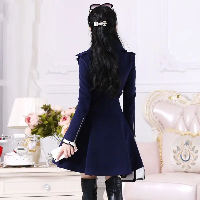 Women Coats Dark Blue Lady Clothing Zipper Woolen Coat Mid-length Slim San Remo