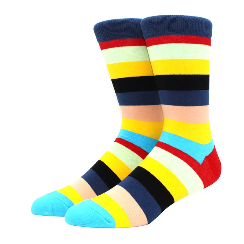 Men Socks  Colorful Cotton Geometric Lattice stripe Classic Happy Business Casual Socks Men