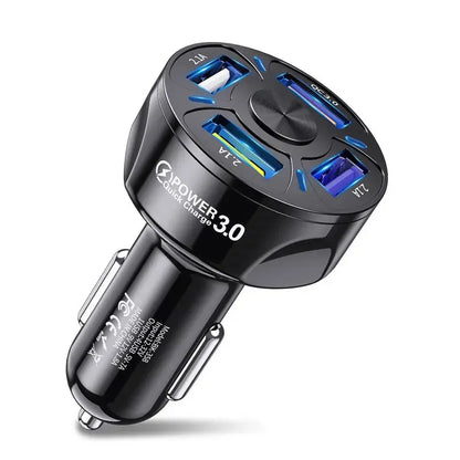 Black 4-port USB car charger with Power 3.0 quick charge and 2.1A output on white background