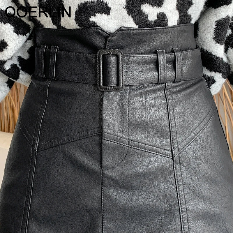 QoerliN Washed PU Leather Skirt Korean Slim High Waist Shorts Skirt Female Belt Mini Skirts Safety Liner Shorts Skirts Desers