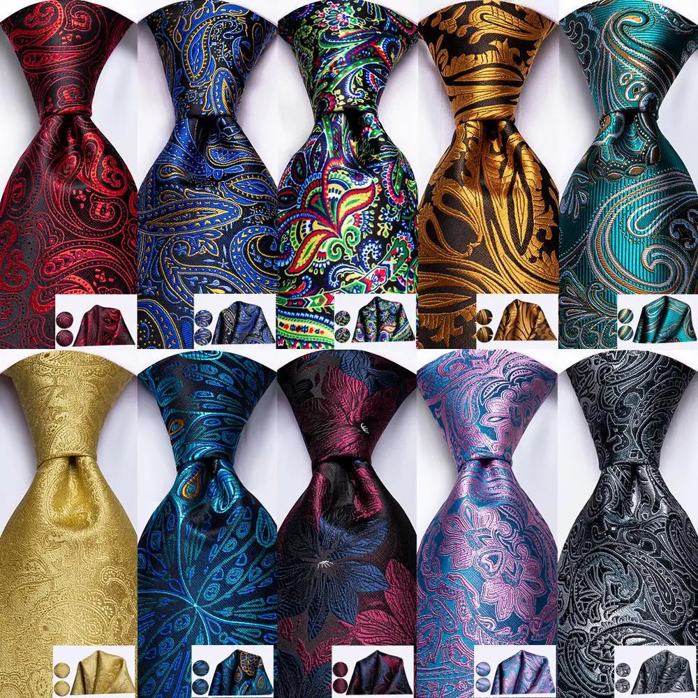 Hi-Tie Red Fashion Paisley 100% Silk Men's Tie Set 8.5cm Wedding Ties For Men New Design Hanky Cufflinks Set Quality Necktie San Remo Shops