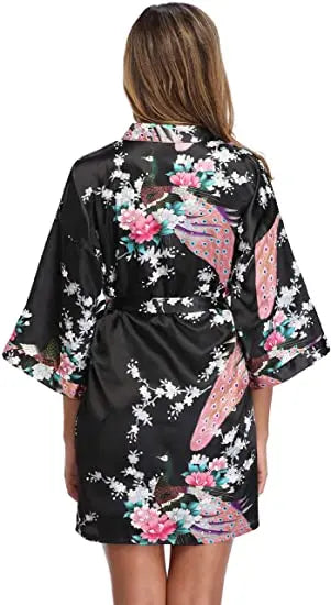 Satin Silk Wedding Bridemaid Robe Print Bathrobe Short Long Night Gown Robe