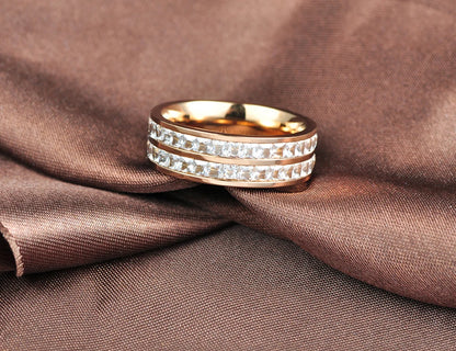 Lokaer Simple Design Pave Two Row Clear Cubic Zirconia Rose Gold Color Titanium Steel Anniversary Wedding Rings For Women R17050 San Remo