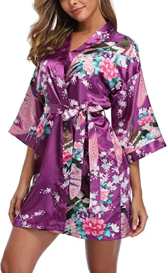 Satin Silk Wedding Bridemaid Robe Print Bathrobe Short Long Night Gown Robe