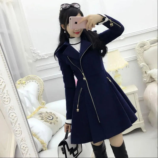 Women Coats Dark Blue Lady Clothing Zipper Woolen Coat Mid-length Slim San Remo