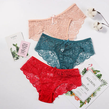 Women's Sexy Lace Panties With Big Size S-XL 5 Colors High-Crotch Transparent Floral Bow Soft Briefs Underwear Lingerie San Remo