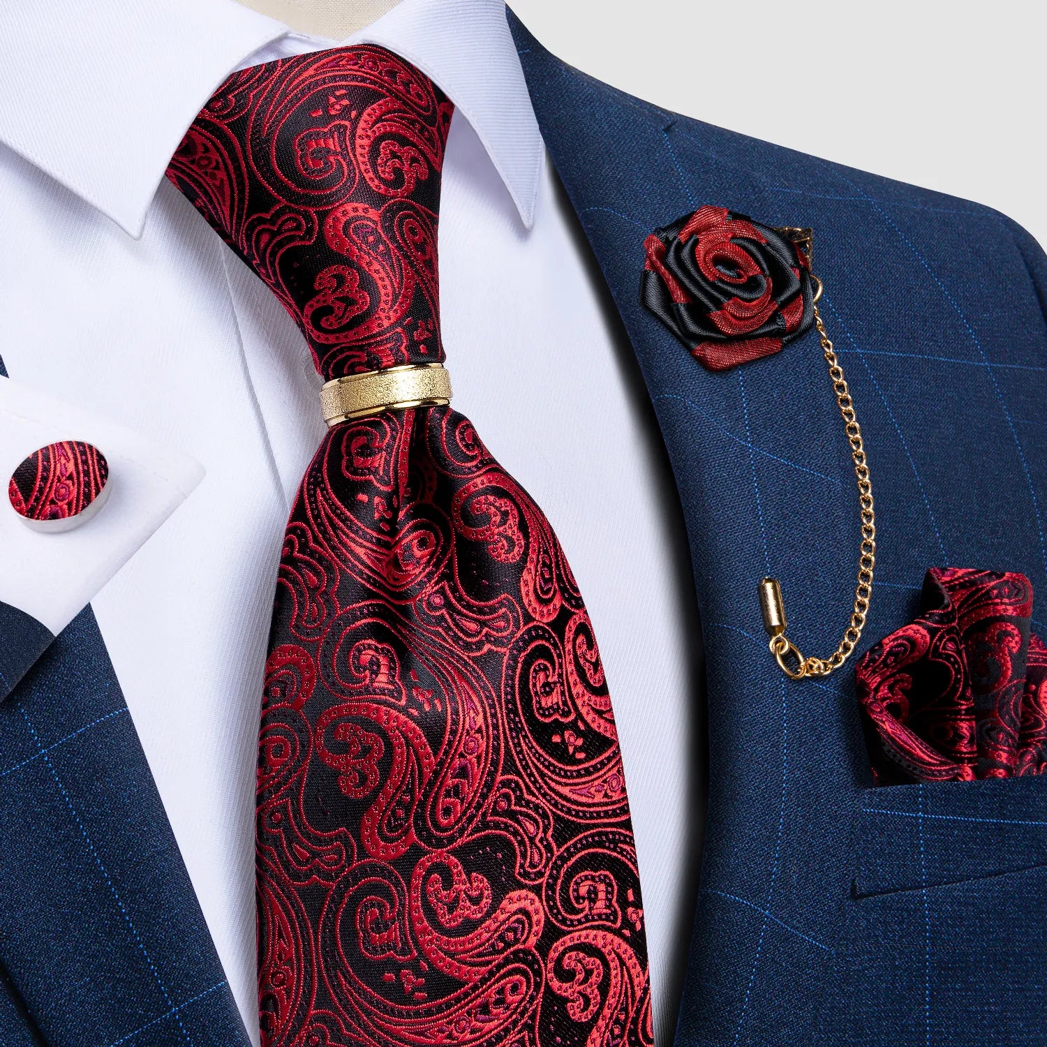 Luxry Tie Red Paisley Black Men's Ties Wedding Accessories Neck Tie Handkerchief Cufflinks Lapel Pin Gift For Men DiBanGu San Remo Shops