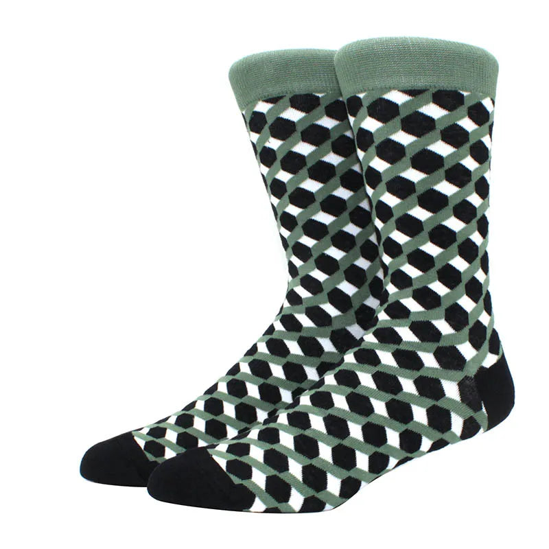 Men Socks  Colorful Cotton Geometric Lattice stripe Classic Happy Business Casual Socks Men