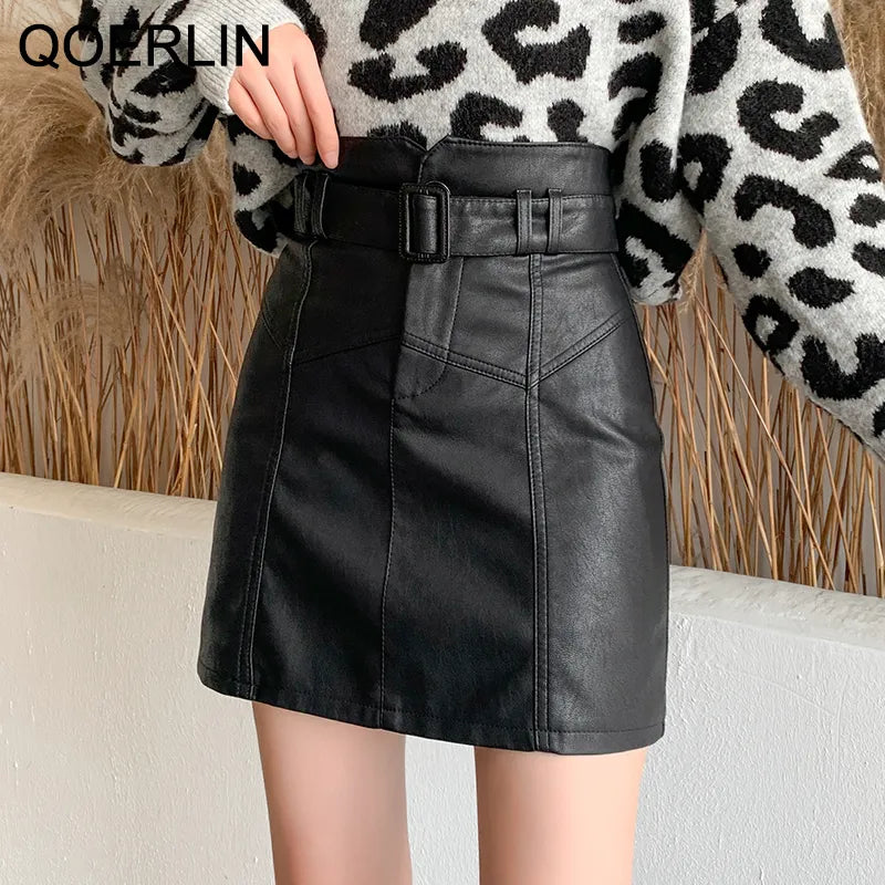 QoerliN Washed PU Leather Skirt Korean Slim High Waist Shorts Skirt Female Belt Mini Skirts Safety Liner Shorts Skirts Desers