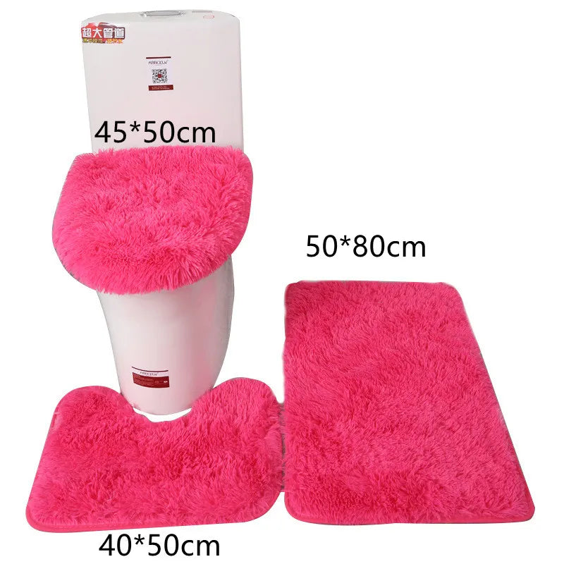 3pcs/set Solid Color Bathroom Mat Set Fluffy Hairs Bath Carpets Modern Toilet Lid Cover Rugs Kit Rectangle 50*80 50*40 45*50cm San Remo Shops