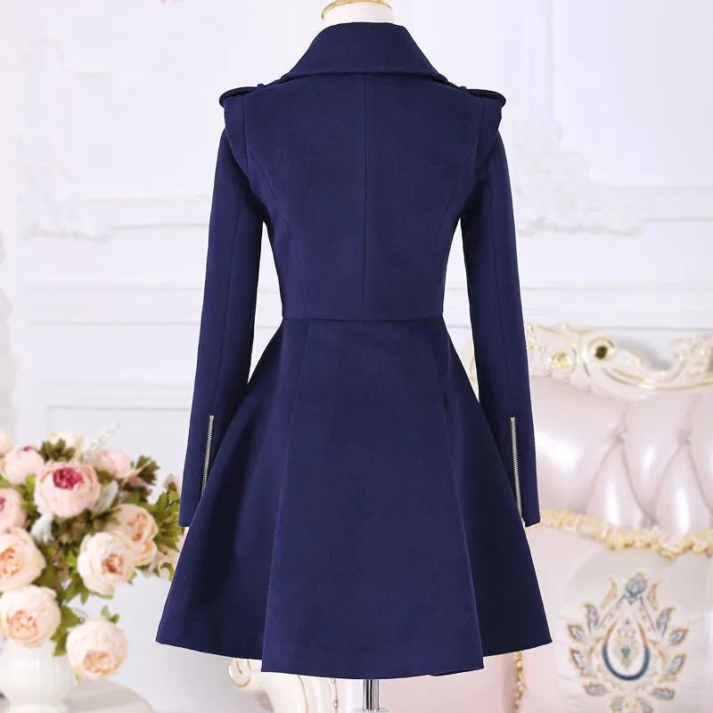 Women Coats Dark Blue Lady Clothing Zipper Woolen Coat Mid-length Slim San Remo