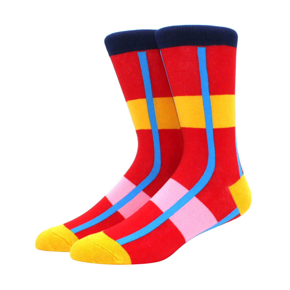 Men Socks  Colorful Cotton Geometric Lattice stripe Classic Happy Business Casual Socks Men