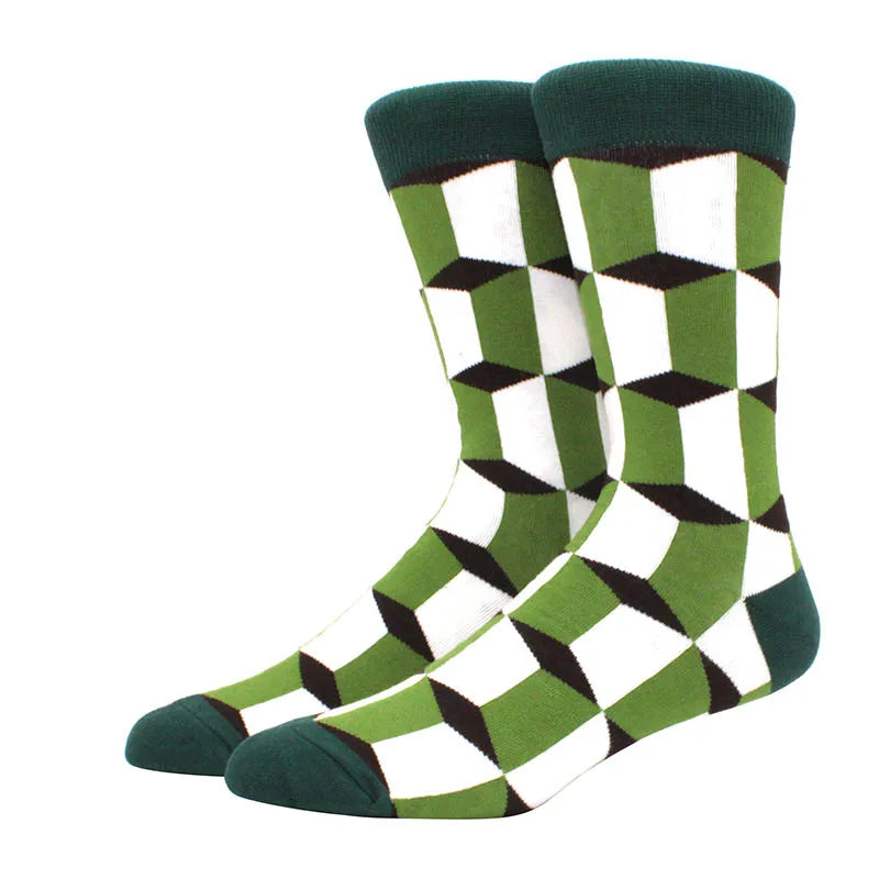 Men Socks  Colorful Cotton Geometric Lattice stripe Classic Happy Business Casual Socks Men