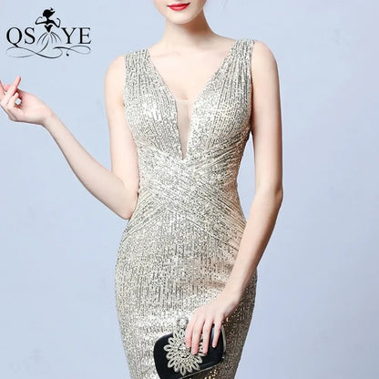 Silver Sequin Prom Dresses Mermaid Long Evening Gown V Neck Ruched Formal Party Gown Crisscross Waist Women Dress Sleeveless San Remo Shops