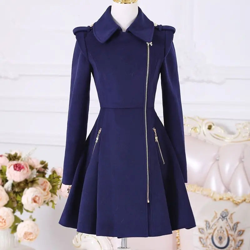 Women Coats Dark Blue Lady Clothing Zipper Woolen Coat Mid-length Slim San Remo