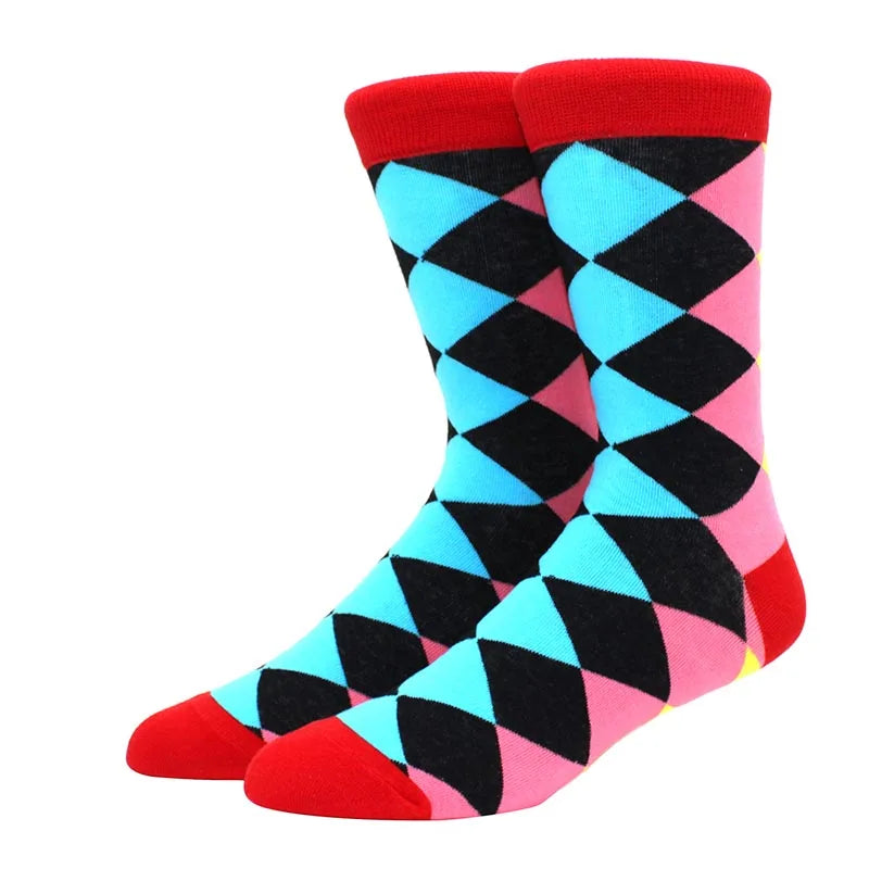 Men Socks  Colorful Cotton Geometric Lattice stripe Classic Happy Business Casual Socks Men