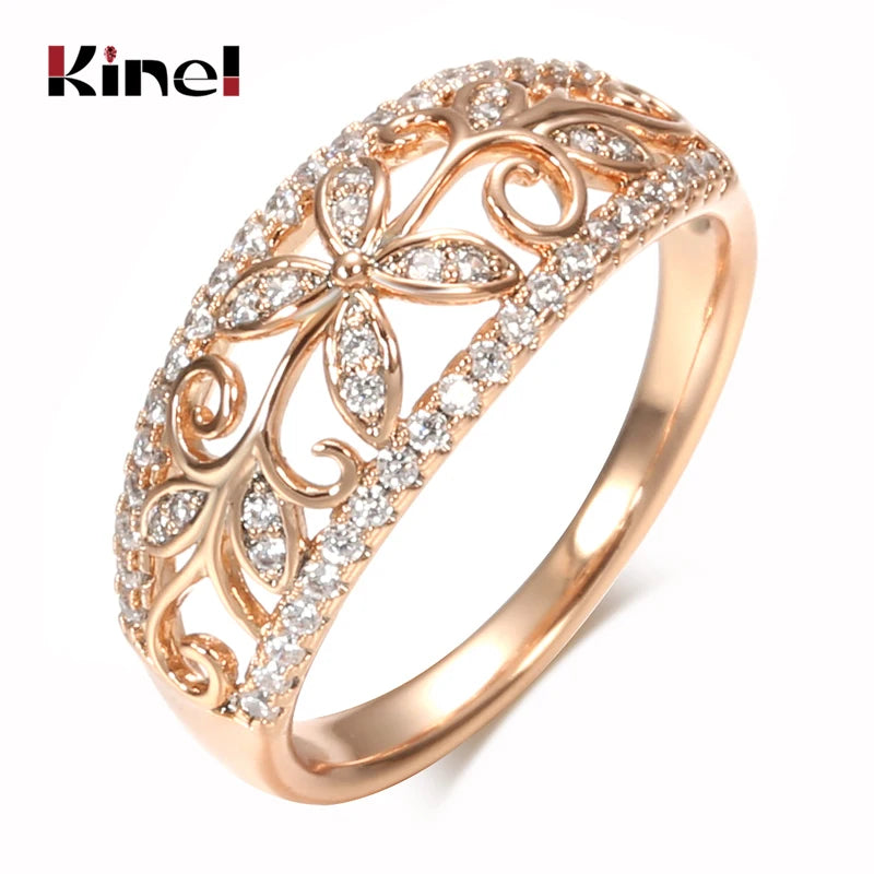 Kinel Natural Zircon Crystal Flower Rings for Women 585 Rose Gold Fine Hollow Ethnic Wedding Ring Vintage Jewelry San Remo