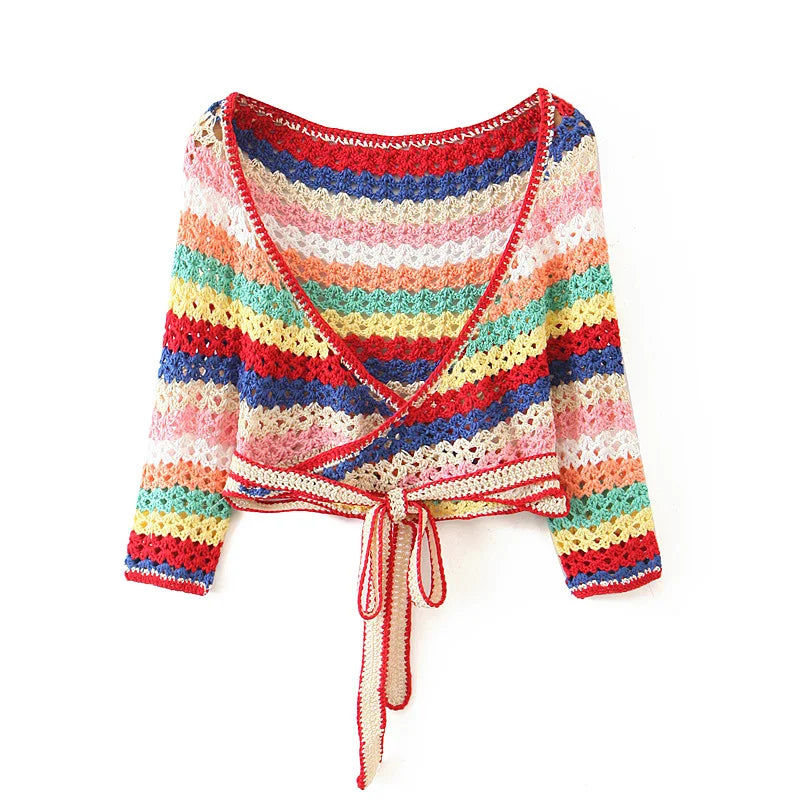 Lacing up Colored Striped Hand crochet Cardigan Sweater Women Bandage Mini Short Shorts Half Sleeve Tops 2 Pieces Set San Remo Shops