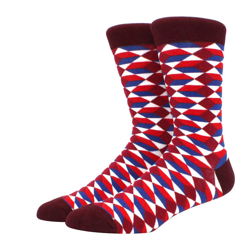 Men Socks  Colorful Cotton Geometric Lattice stripe Classic Happy Business Casual Socks Men