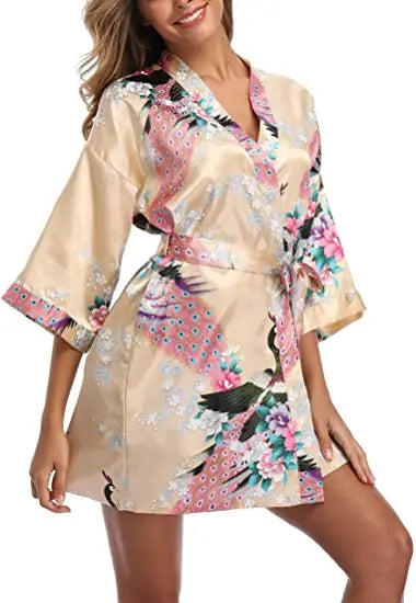 Satin Silk Wedding Bridemaid Robe Print Bathrobe Short Long Night Gown Robe