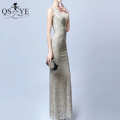 Silver Sequin Prom Dresses Mermaid Long Evening Gown V Neck Ruched Formal Party Gown Crisscross Waist Women Dress Sleeveless San Remo Shops