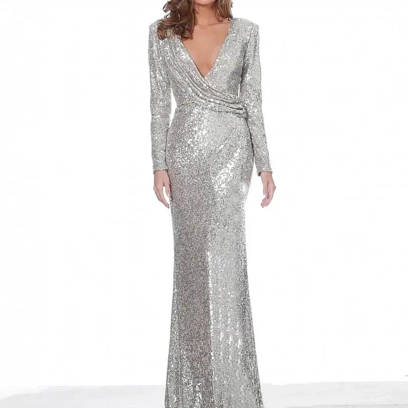 Silver V Neck Full sleeved Autumn Winter Evening Party Dress Gown Sequined Stretchy Long Maxi Dress San Remo Shops