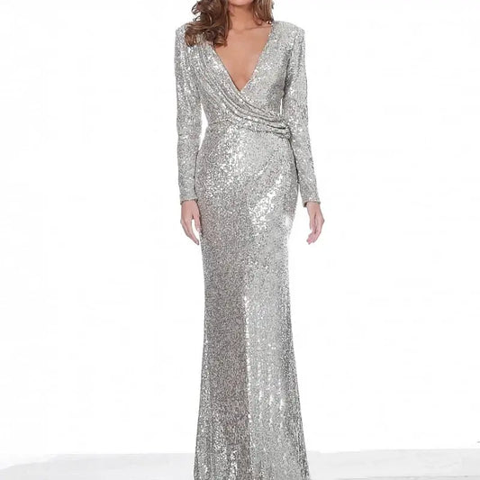 Silver V Neck Full sleeved Autumn Winter Evening Party Dress Gown Sequined Stretchy Long Maxi Dress San Remo Shops