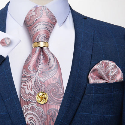 Striped  Necktie Handkerchief Cuffinks Ring Set