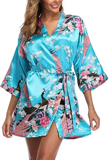 Satin Silk Wedding Bridemaid Robe Print Bathrobe Short Long Night Gown Robe