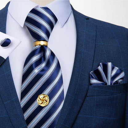 Striped  Necktie Handkerchief Cuffinks Ring Set