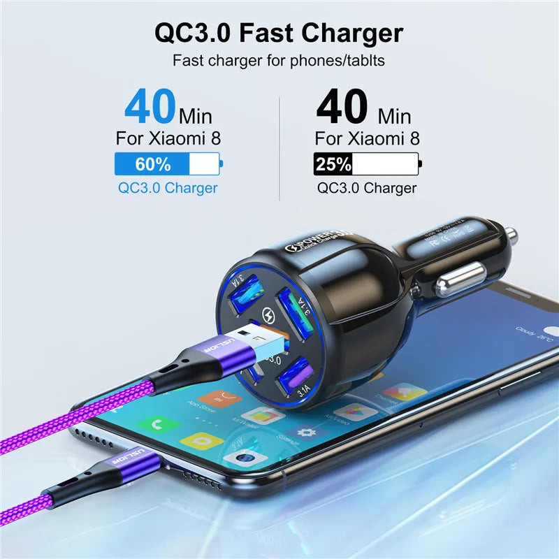 USLION 5 Port Fast Charging Car USB Charger For Xiaomi redmi note 10 pro Quick Charge 3.0 15A Charger Mobile Phone Charge in Car Desers