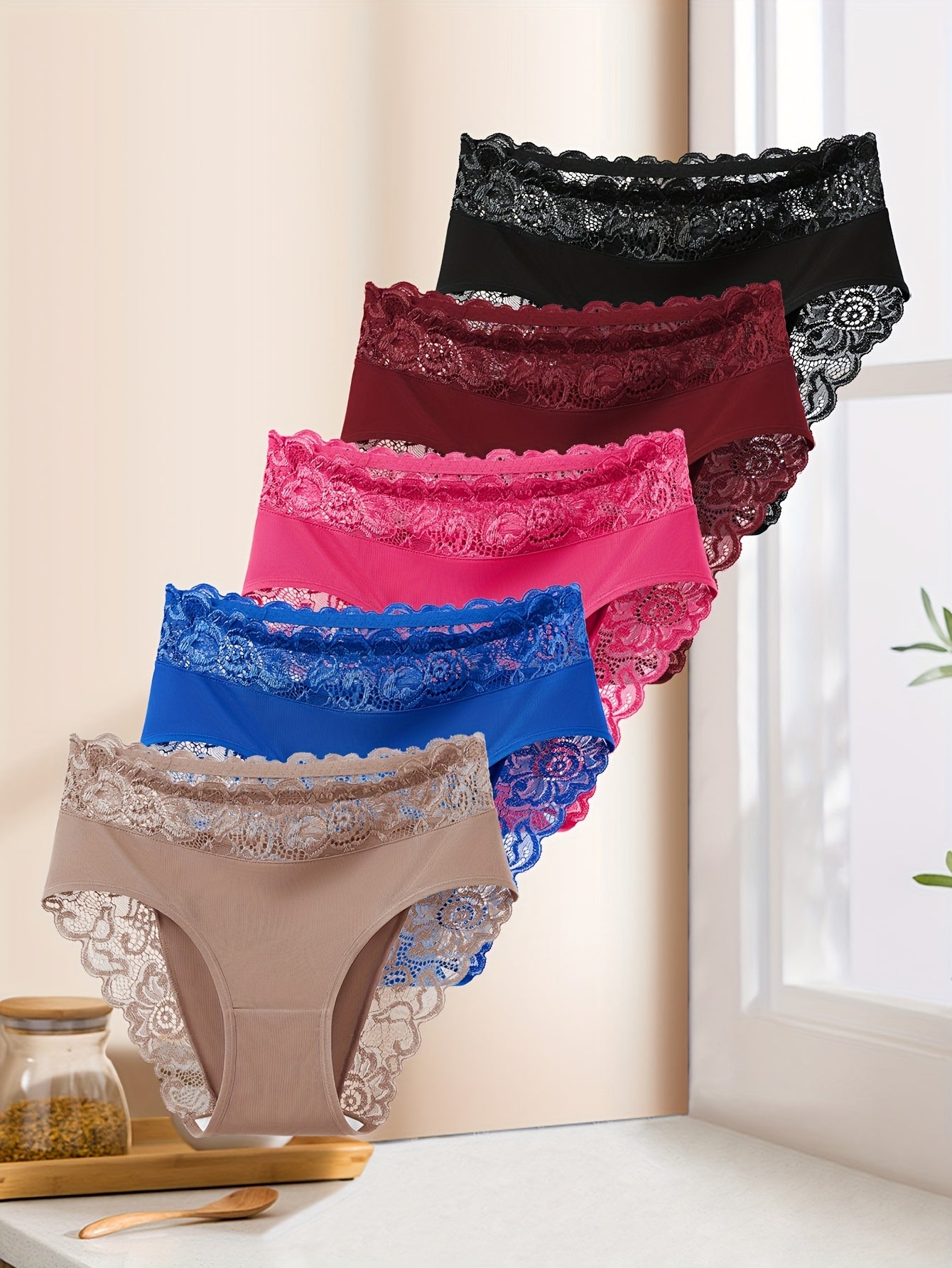 5pcs Women'SLace Spliced Triangle Panties