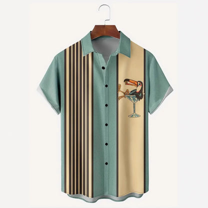 Hawaiian Shirt Striped Pattern Buckle Short Sleeve Men