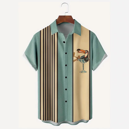 Hawaiian Shirt Striped Pattern Buckle Short Sleeve Men