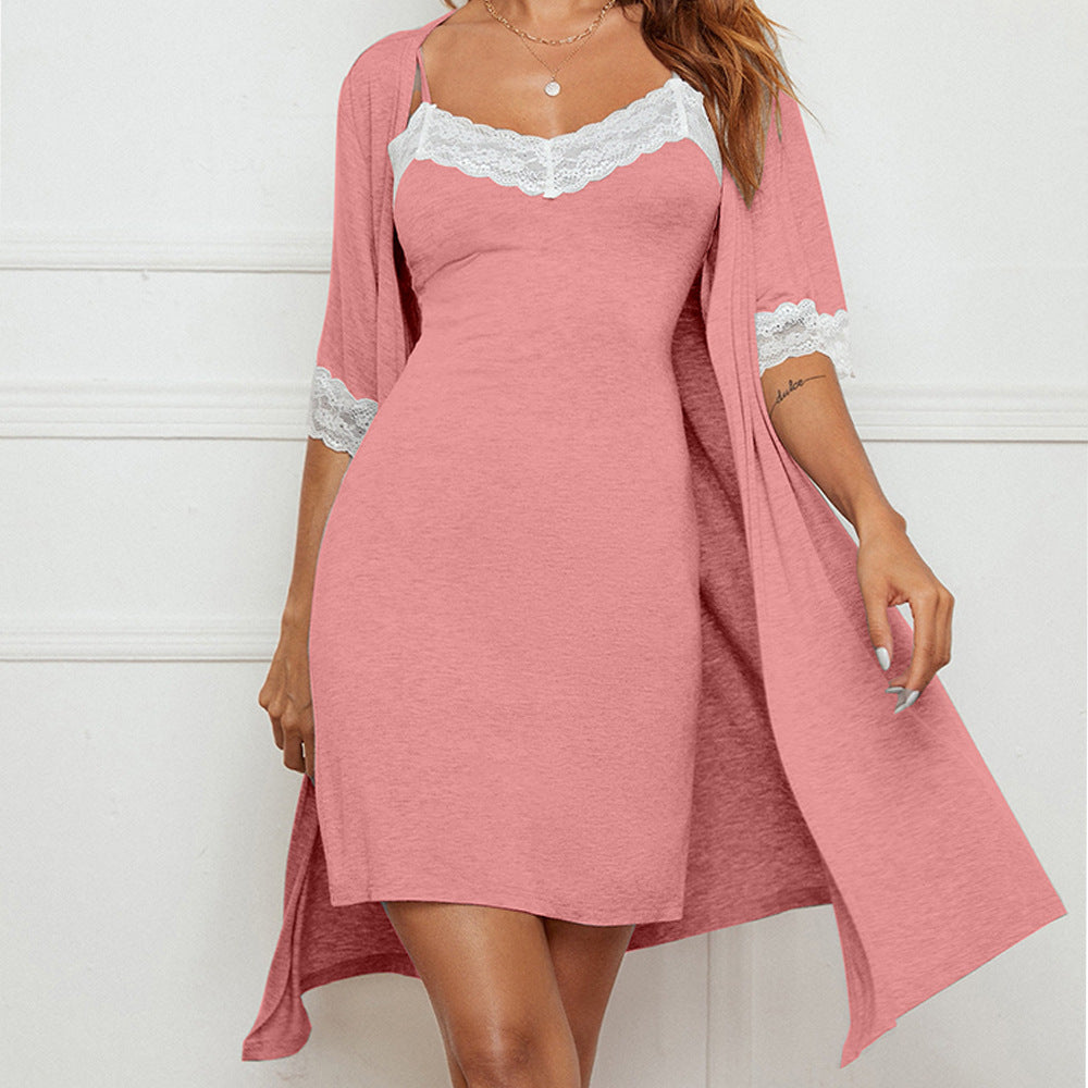 Pajama Suit Lace Stretch Slip Nightdress Nightgown Breathable Two-piece Set Sexy Home Wear Desers