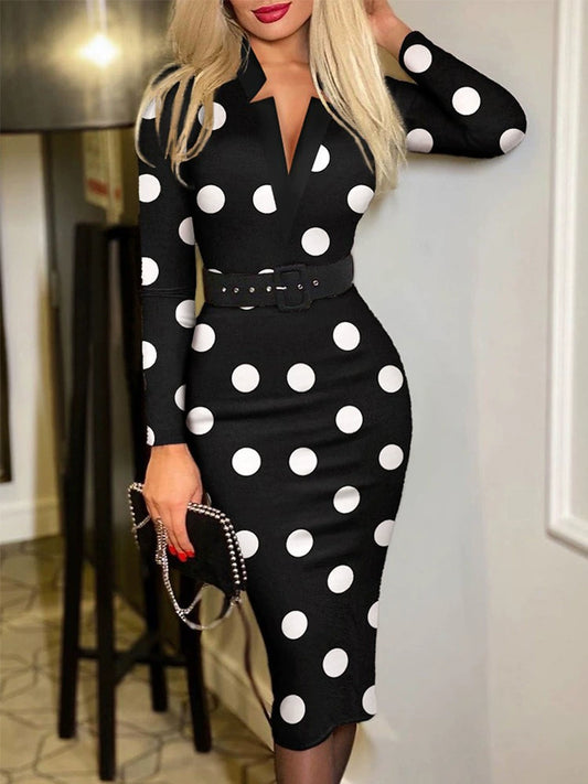 Fashion Print Plaid Long Sleeves V Neck High Waist Dress (Send Belt) Printed V-neck Dress