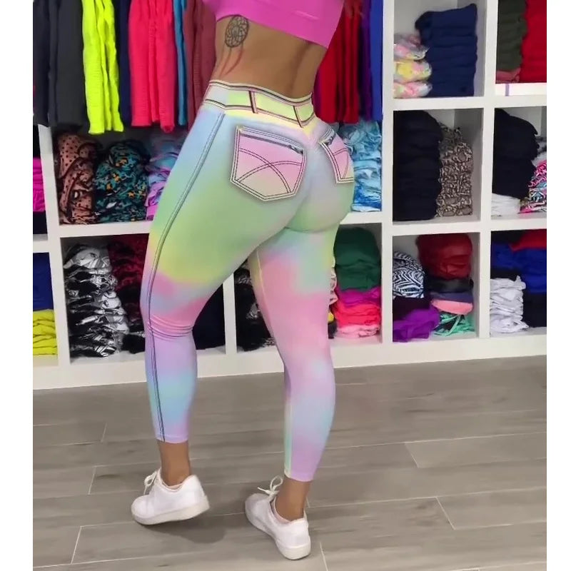 FCCEXIO Gradient Denim Print Women Pants Push Up Running Sports Leggings Slim Pants Female Casual Trousers Fitness Legging