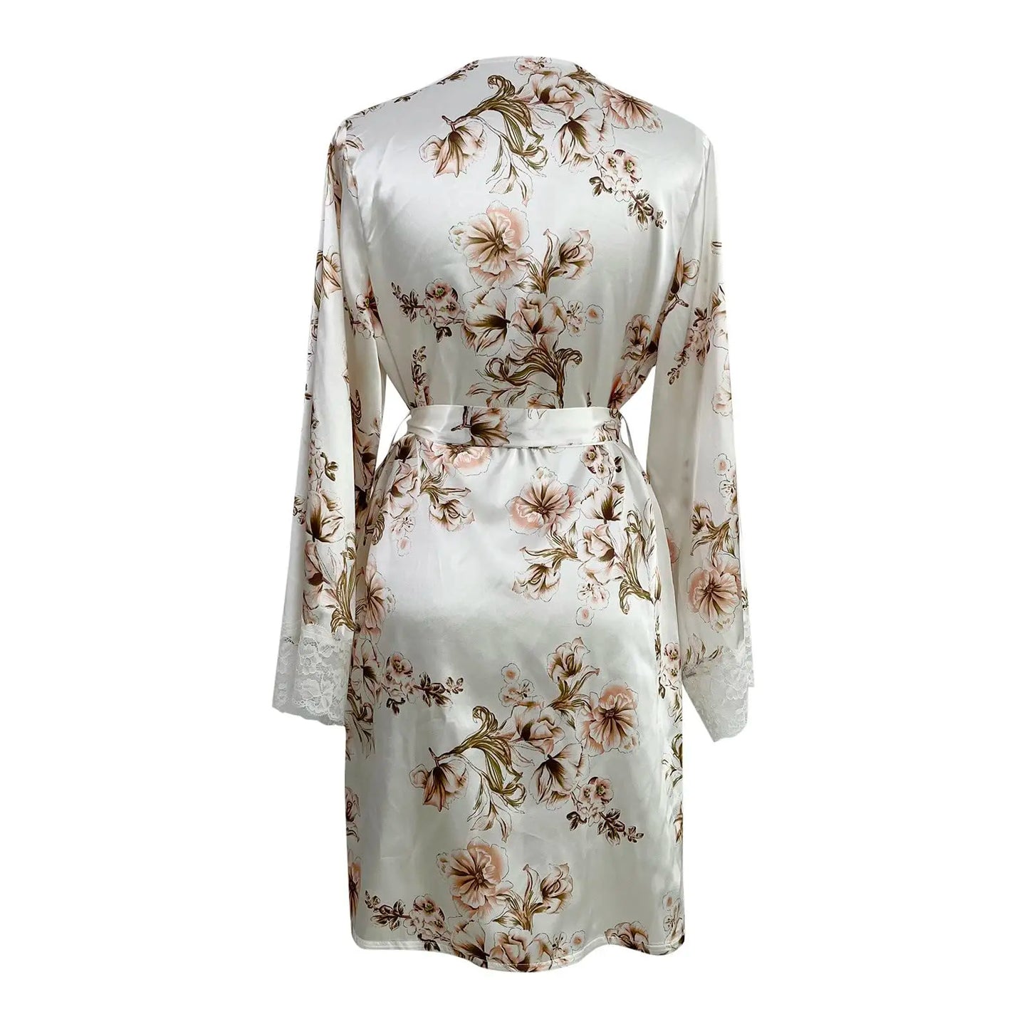 Women's Satin Nightgown Sexy Lace Patchwork Home Bathrobe Printed Robe with Belt Women's Bridal Party Casual Nightgown
