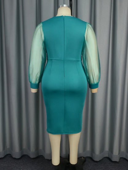 AOMEI Luxus Abendkleid V-Ausschnitt Perlengürtel Mesh Laterne Langarm Sexy Damen Party Classy Büro Damen Hochzeitsgastkleider