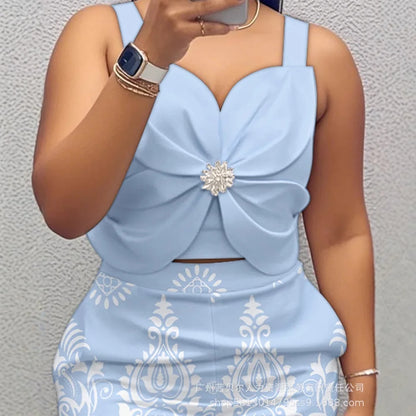 Shorts Pant Set Women Two Piece Sets Matching Sets Sling Tops Short Pants High Waist Print Y2k Streetwear Elegant Work Beach