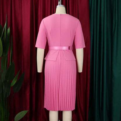 Elegante Bürokleider Plissee für Damen 2024 Herbst V-Ausschnitt Halbarm Gürtel Taille Mitte der Wade Professionelles Business-Kleid