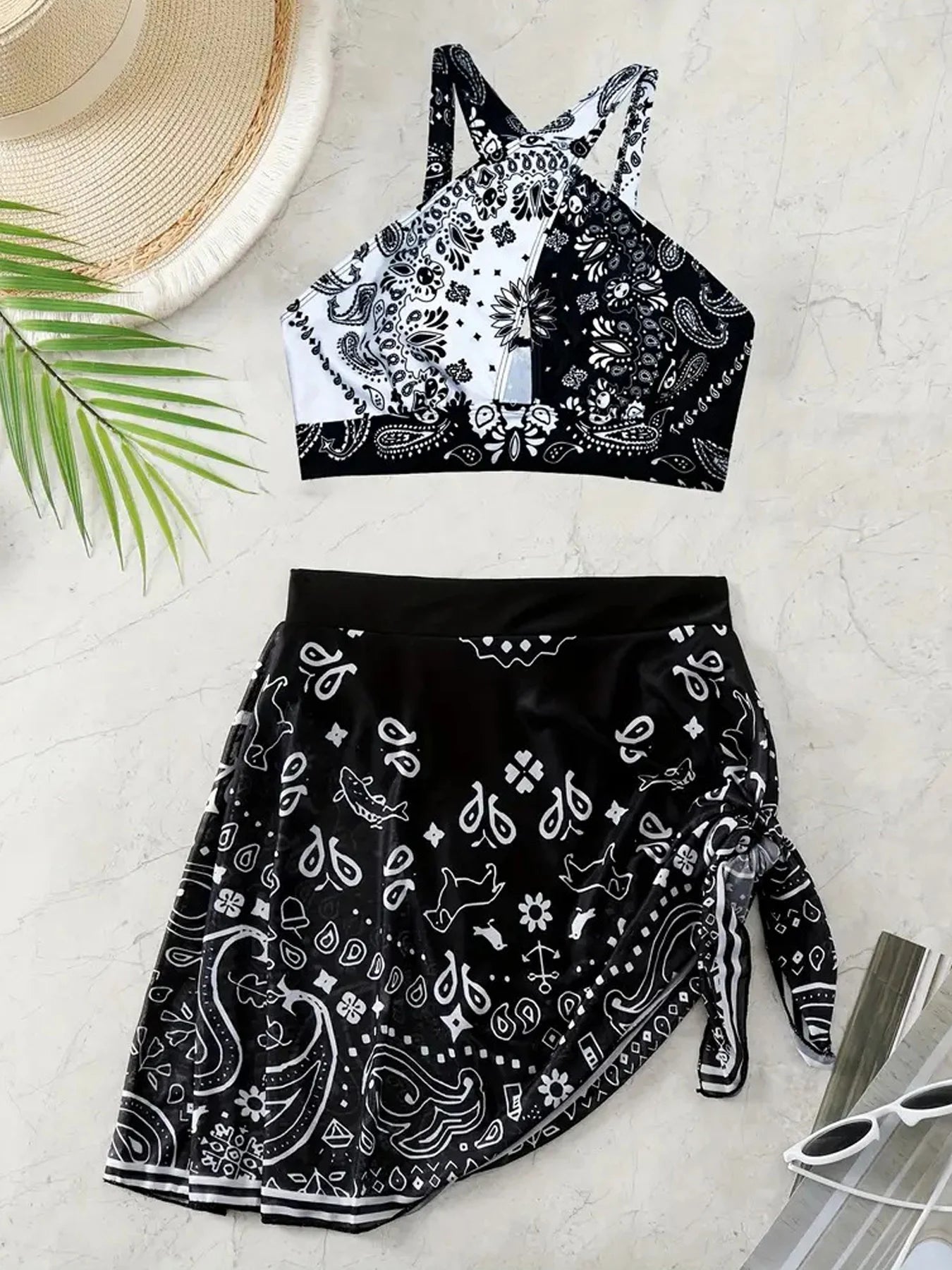 2024 Print Hollow Cross Bikini Set Straps Tied Skirt Swimwear For Women Bsckless 2 Piece Beach Swimsuit Bathing Suit San Remo Shops